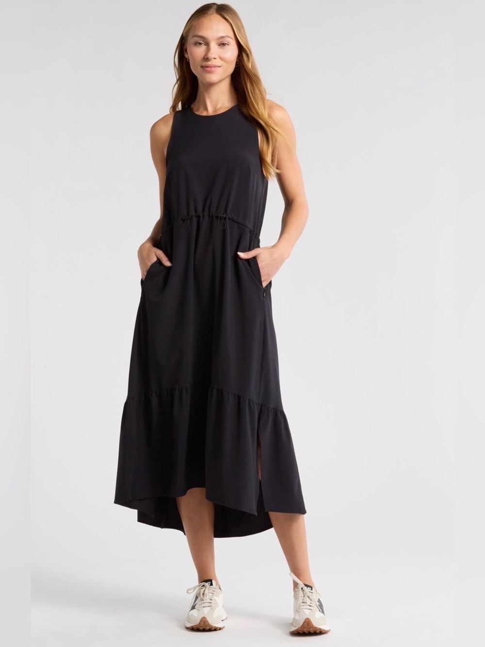 Zella Pursuit Tiered Midi Dress Black Size Medium Super Flattering Adjusts 😍